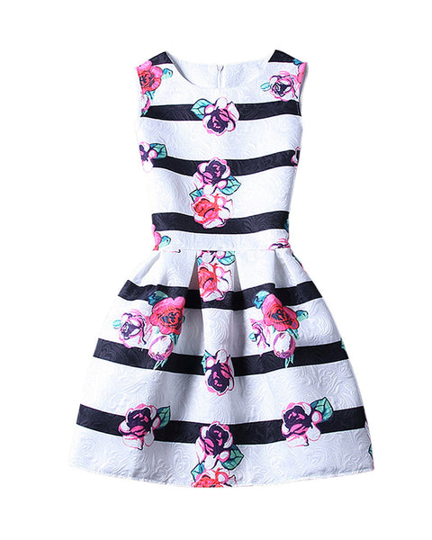 White Black Stripes Roses Sleeveless A Line Skater Mini Party Cocktail Skirt Dress