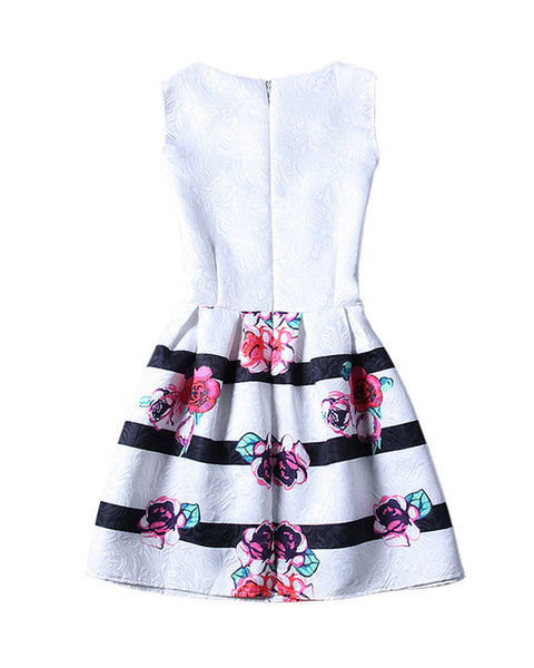 White Black Stripes Roses Sleeveless A Line Skater Mini Party Cocktail Skirt Dress