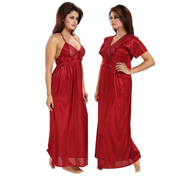 Women's Stain Full Length Night Gown(Maroon)