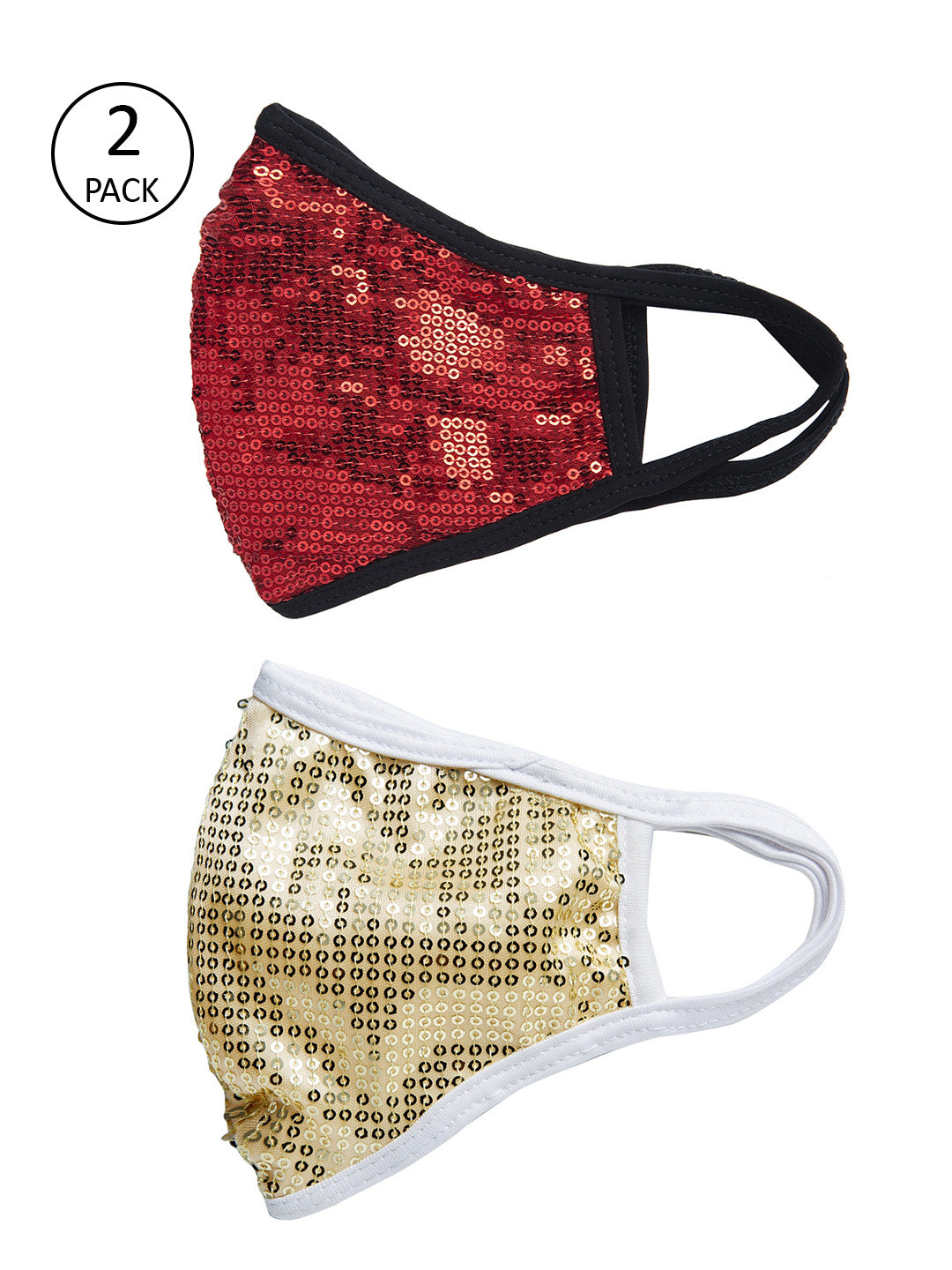 Red and Gold With Sparkling Glitter Sequin Women Fashion Reusable Face Mask (Pack of 2)