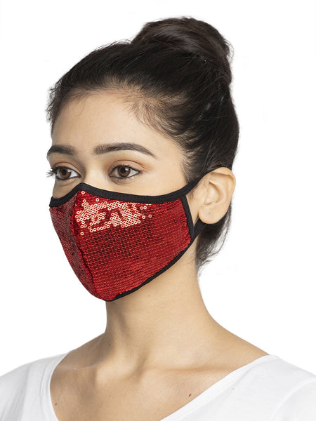 Red and Gold With Sparkling Glitter Sequin Women Fashion Reusable Face Mask (Pack of 2)