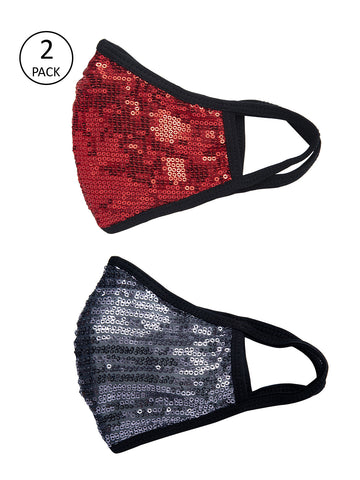 Red and Black With Sparkling Glitter Sequin Women Fashion Reusable Face Mask (Pack of 2)