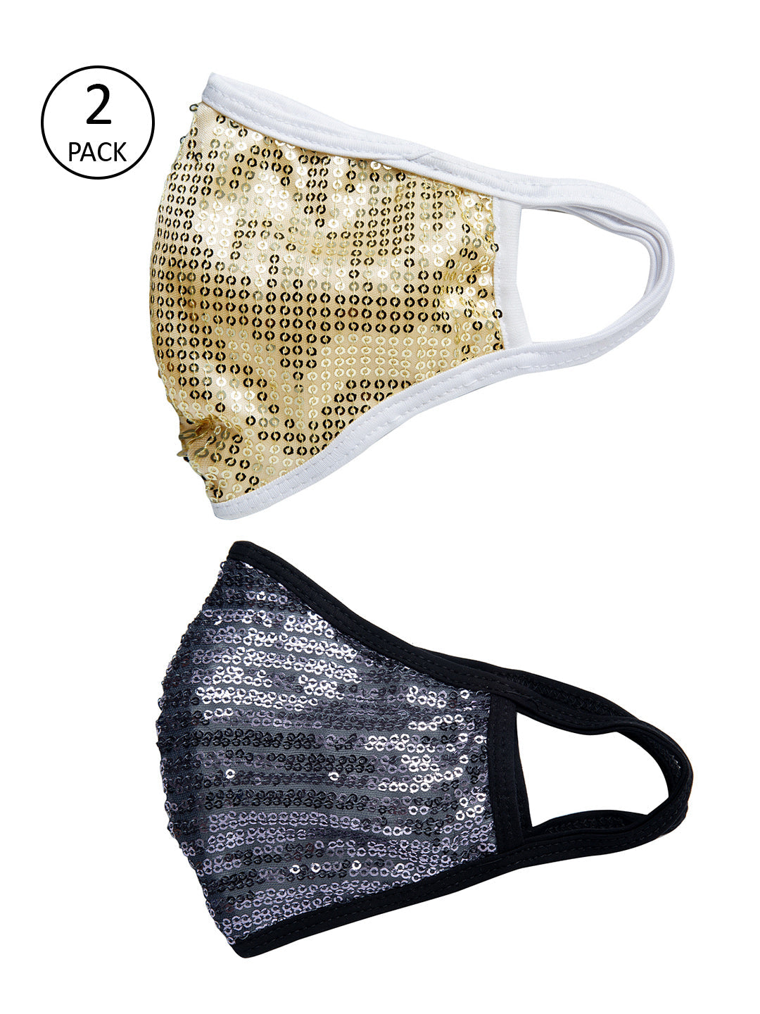 Golden and Black With Sparkling Glitter Sequin Women Fashion Reusable Face Mask (Pack of 2)