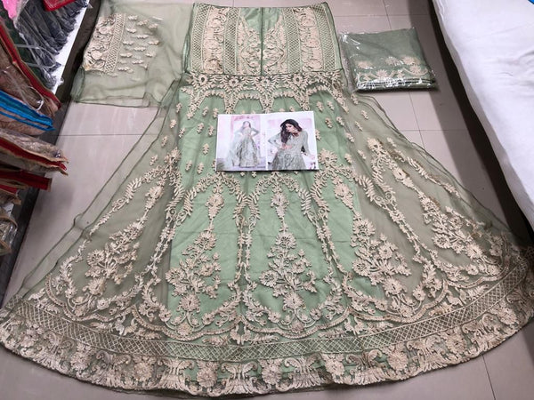 Semi-Stitched Gown With Silver Embroidery and Net Dupatta for Party Wear