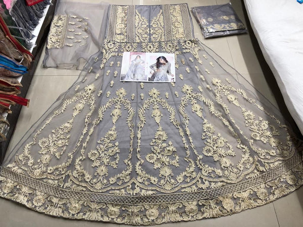 Semi-Stitched Gown With Silver Embroidery and Net Dupatta for Party Wear