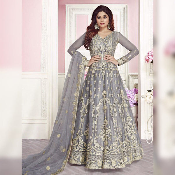 Semi-Stitched Gown With Silver Embroidery and Net Dupatta for Party Wear