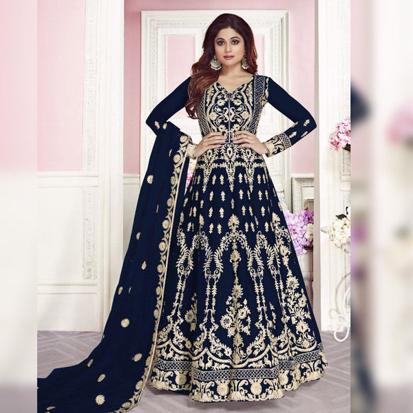 Semi-Stitched Gown With Silver Embroidery and Net Dupatta for Party Wear