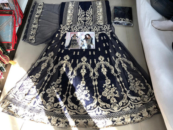 Semi-Stitched Gown With Silver Embroidery and Net Dupatta for Party Wear