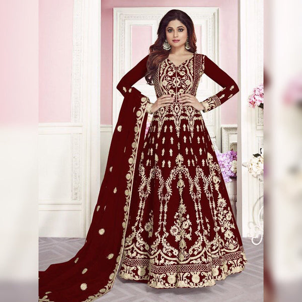 Semi-Stitched Gown With Silver Embroidery and Net Dupatta for Party Wear