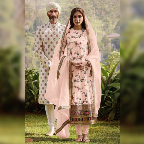 Heavy Georgette With Multi Thread Embroidery Work suit With Real Mirror {Semi-Stitched}