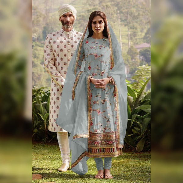 Heavy Georgette With Multi Thread Embroidery Work suit With Real Mirror {Semi-Stitched}