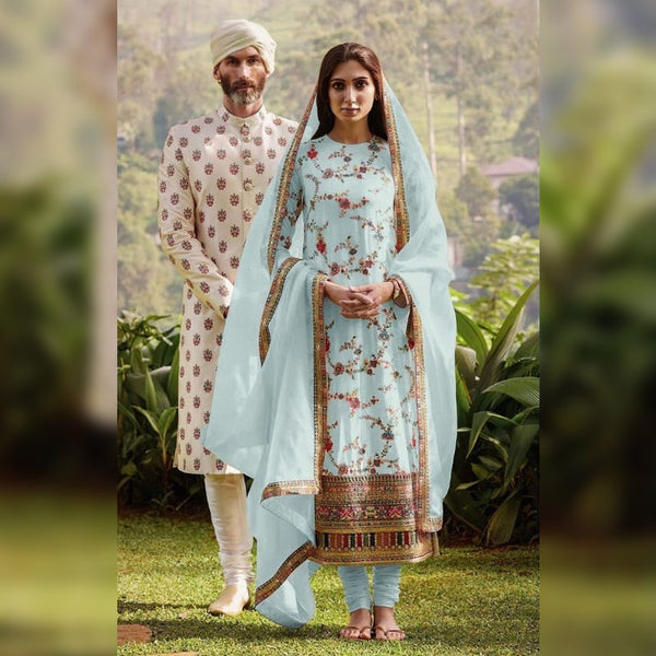 Heavy Georgette With Multi Thread Embroidery Work suit With Real Mirror {Semi-Stitched}