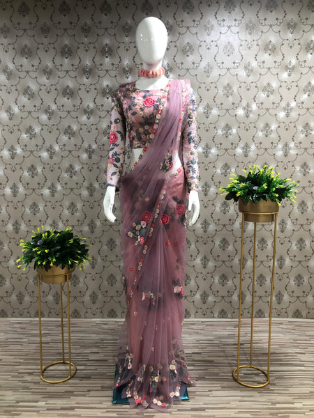 Heavy Embroidery Thread and Zari Work Beautiful Saree in Net For Women