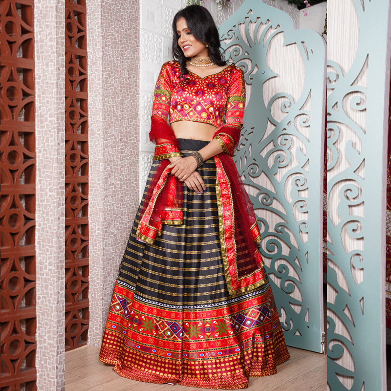{Semi Stitched} Beautiful Digital Print Ruby Red Lehenga - Choli