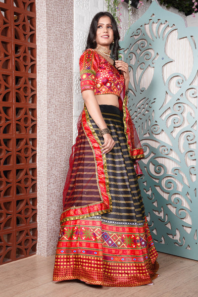 {Semi Stitched} Beautiful Digital Print Ruby Red Lehenga - Choli