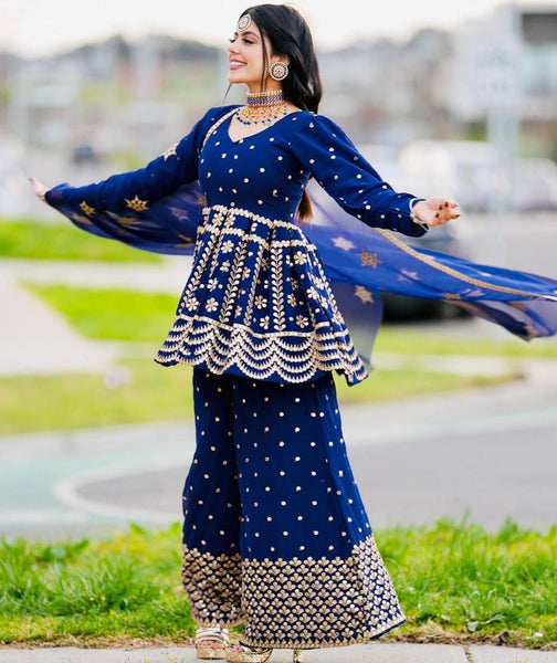 Beautiful Heavy Plazzo Suit with Embroidery and Foil Mirror work.