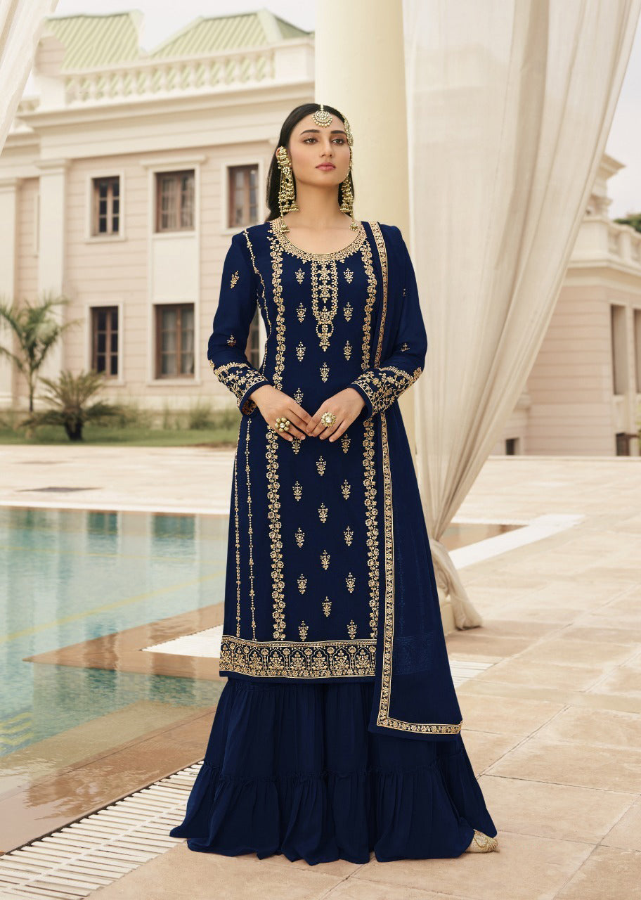 {SEMI STITCHED} BEAUTIFULL HEAVY GEORGETTE WITH HEAVY SEQUENCE WORK SUIT WITH GARARA..