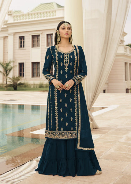 {SEMI STITCHED} BEAUTIFULL HEAVY GEORGETTE WITH HEAVY SEQUENCE WORK SUIT WITH GARARA..