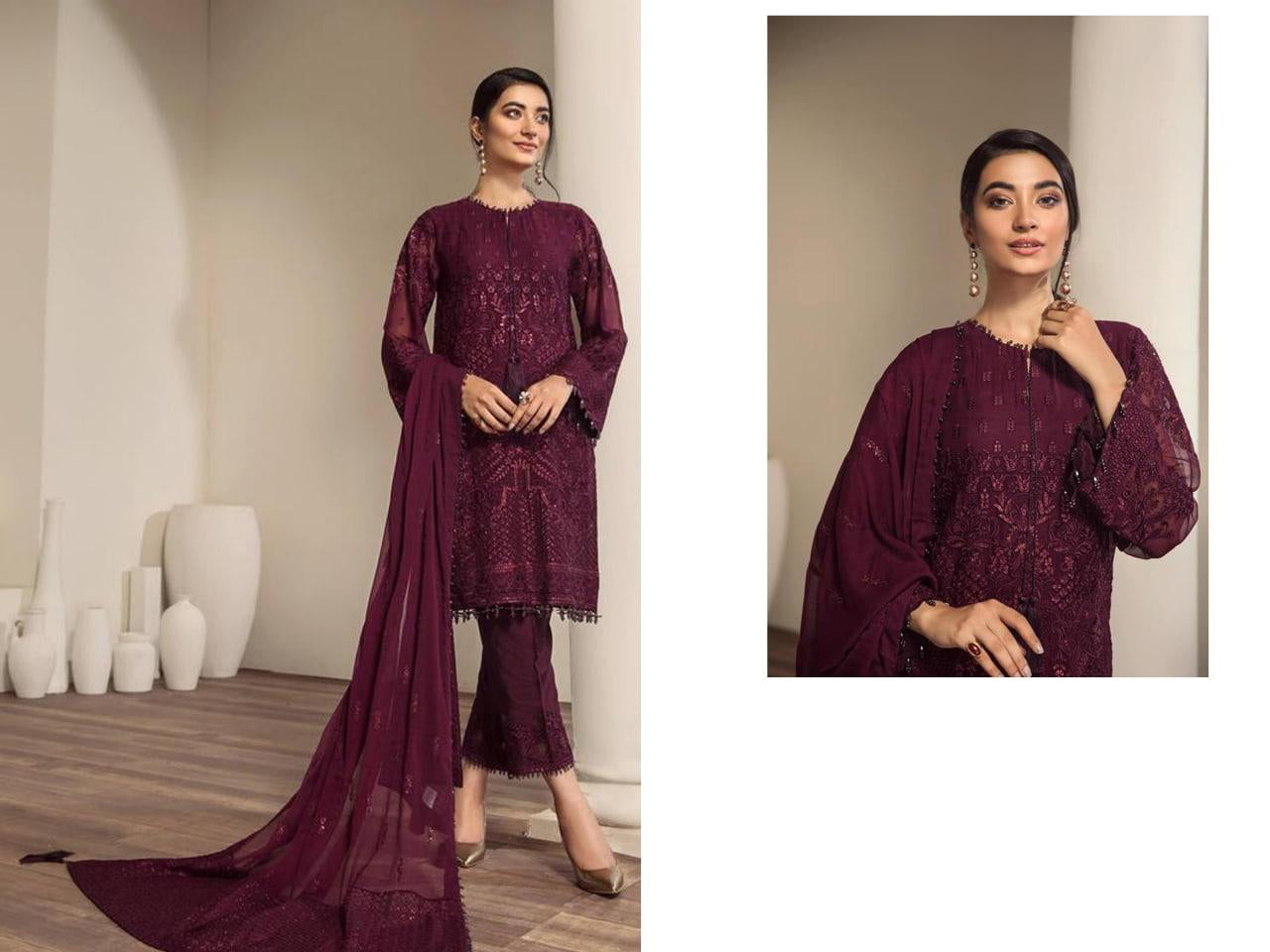 {Semi Stitched} Beautifull Georgette With Embroidery Work & Diamond Work Suit.