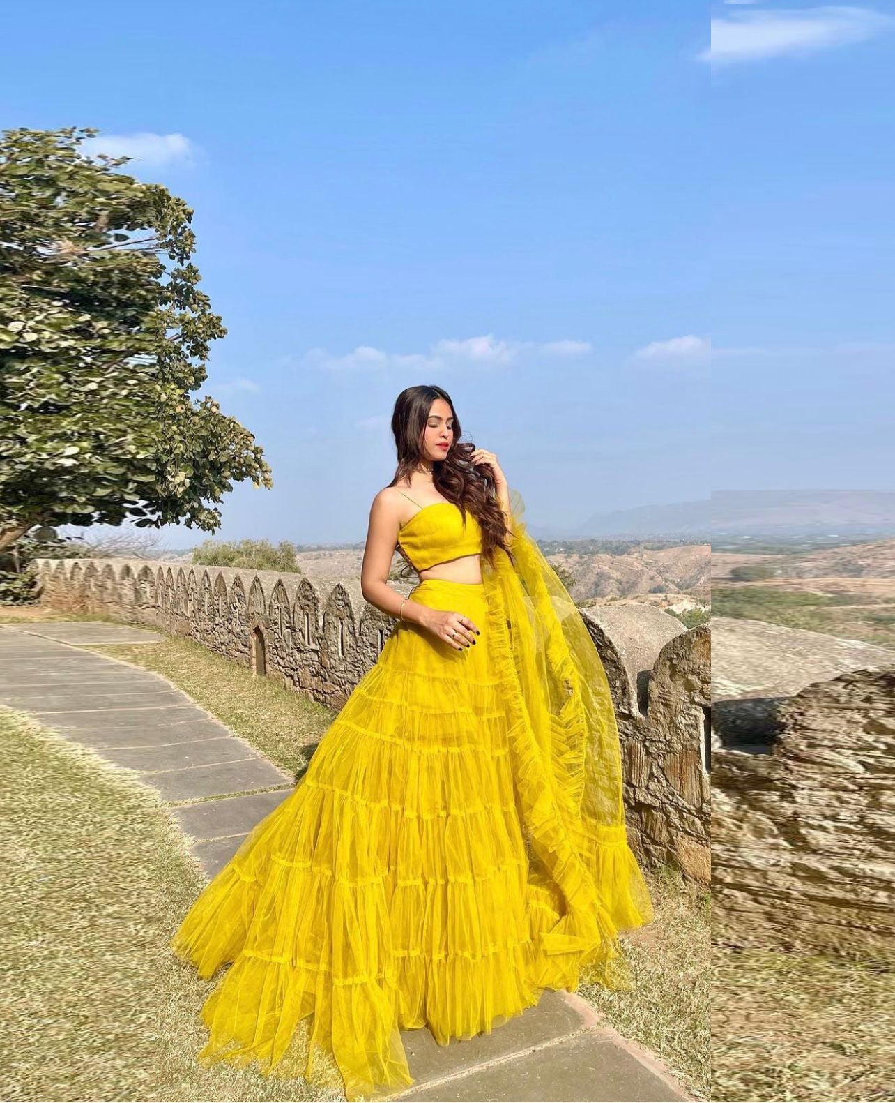 {SEMI STITCHED} BEAUTIFULL DESIGNER PARTY WEAR SOFT NET WITH RUFFLE LEHENGAS AND DUPATTA DUPATTA