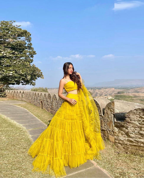 {SEMI STITCHED} BEAUTIFULL DESIGNER PARTY WEAR SOFT NET WITH RUFFLE LEHENGAS AND DUPATTA DUPATTA