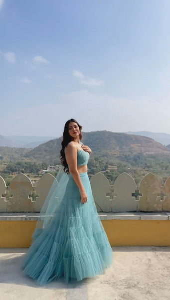 {SEMI STITCHED} BEAUTIFULL DESIGNER PARTY WEAR SOFT NET WITH RUFFLE LEHENGAS AND DUPATTA DUPATTA