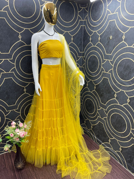 {SEMI STITCHED} BEAUTIFULL DESIGNER PARTY WEAR SOFT NET WITH RUFFLE LEHENGAS AND DUPATTA DUPATTA