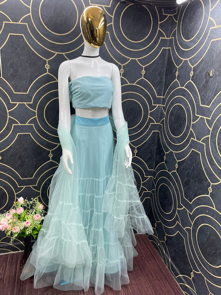 {SEMI STITCHED} BEAUTIFULL DESIGNER PARTY WEAR SOFT NET WITH RUFFLE LEHENGAS AND DUPATTA DUPATTA