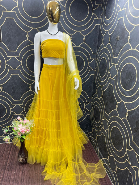 {SEMI STITCHED} BEAUTIFULL DESIGNER PARTY WEAR SOFT NET WITH RUFFLE LEHENGAS AND DUPATTA DUPATTA