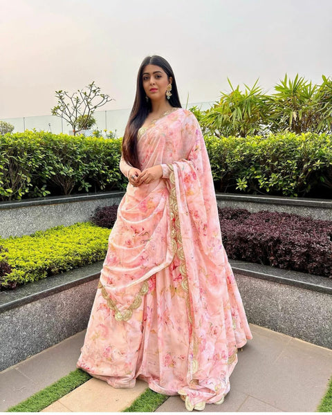 DESIGNER PARTY WEAR GEORGETTE WITH DIGITAL PRINTED LEHENGAS AND DUPATTA(Semi-Stitched)