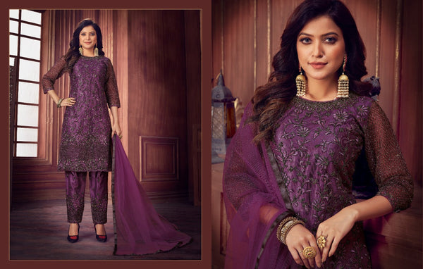 HEAVY NET WITH FANCY DORY SEQUENCE EMBROIDERY WORK SUIT