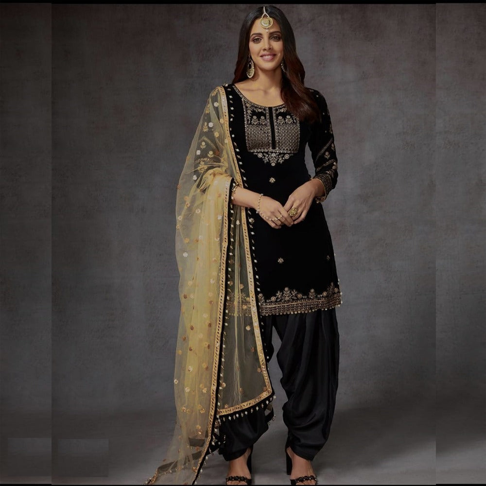 (Full-Stitch)  Beautifull Velvet  Black Patiyala Suit
