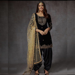 (Full-Stitch)  Beautifull Velvet  Black Patiyala Suit