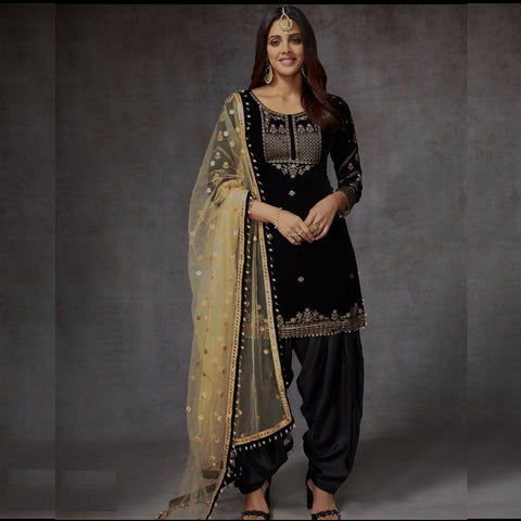 (Full-Stitch)  Beautifull Velvet  Black Patiyala Suit