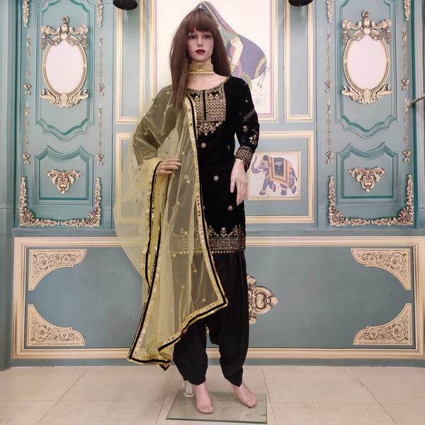 (Full-Stitch)  Beautifull Velvet  Black Patiyala Suit