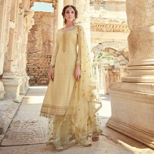 (Semi-Stitch)  Beautifull Heavy Faux Georgette With Chain Stitch Embroidery Work With Stone