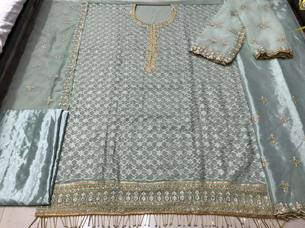 (Semi-Stitch)  Beautifull Heavy Faux Georgette With Chain Stitch Embroidery Work With Stone