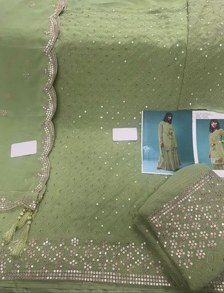(Semi-Stitch)  Faux Georgette (With Embroidery Work + Beautiful  & Sequence Work)