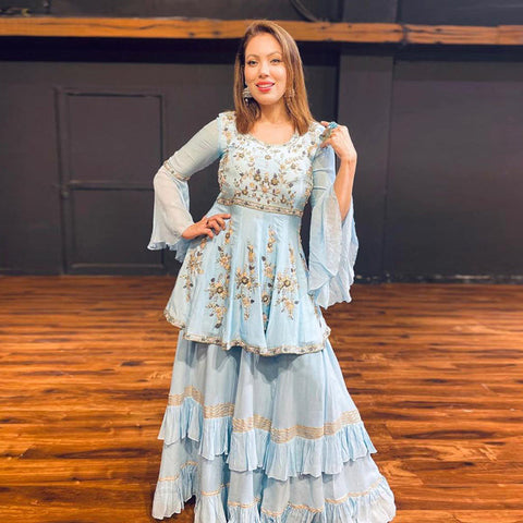 GEORGETTE SARARA WITH RUFFLE FLAIR  FULLSTITCHED  DESIGNER WORK SUIT