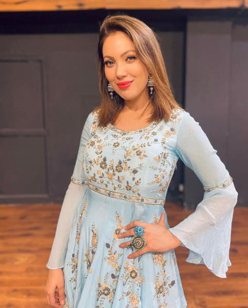 GEORGETTE SARARA WITH RUFFLE FLAIR  FULLSTITCHED  DESIGNER WORK SUIT