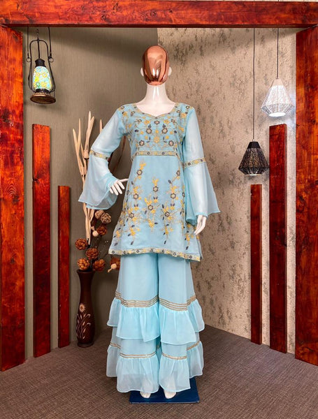 GEORGETTE SARARA WITH RUFFLE FLAIR  FULLSTITCHED  DESIGNER WORK SUIT