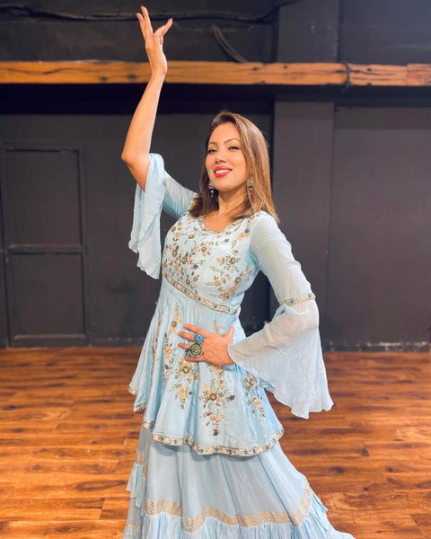 GEORGETTE SARARA WITH RUFFLE FLAIR  FULLSTITCHED  DESIGNER WORK SUIT