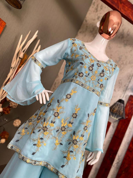 GEORGETTE SARARA WITH RUFFLE FLAIR  FULLSTITCHED  DESIGNER WORK SUIT