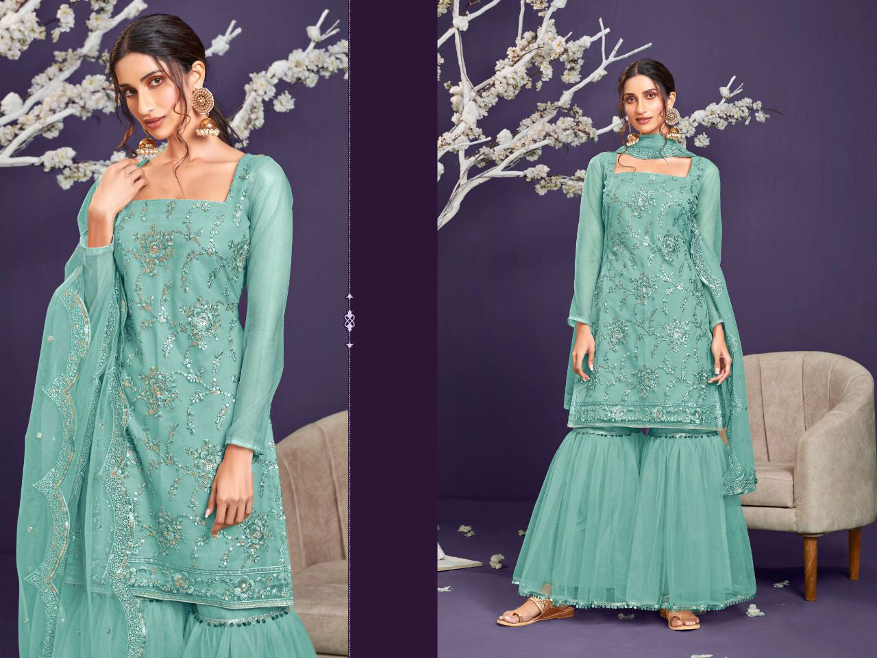 Semi Stitched Heavy Butterfly Net With Embroidery Work With 3mm Sequence Work Suit