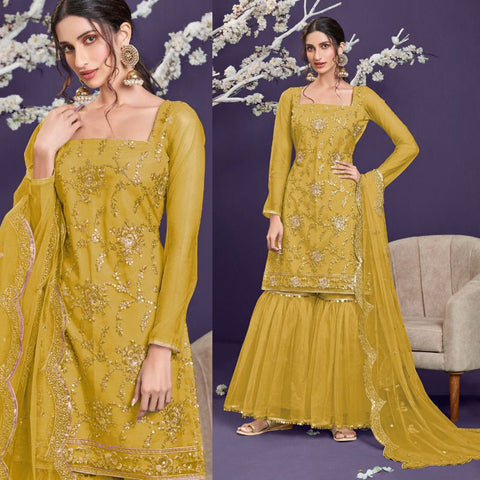 Semi Stitched Heavy Butterfly Net With Embroidery Work With 3mm Sequence Work Suit