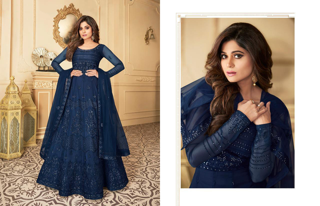 Semi Stitched Heavy Butterfly Net with Embroidery Chaine Stitch work Gown