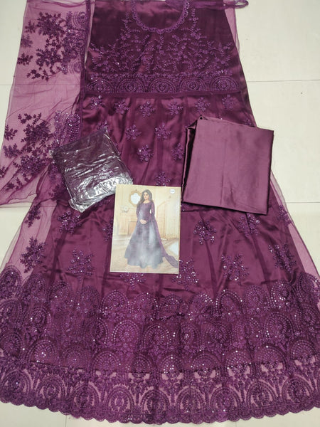 Semi Stitched Heavy Butterfly Net with Embroidery Chaine Stitch work Gown