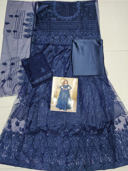 Semi Stitched Heavy Butterfly Net with Embroidery Chaine Stitch work Gown