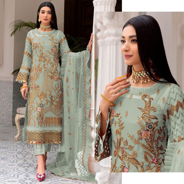 FOX GEORGETT EMBRODAIRY WORK WITH  LES + FRILL WORK SUIT