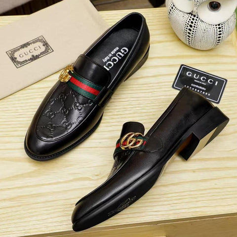 Black Leather GG Web Loafers